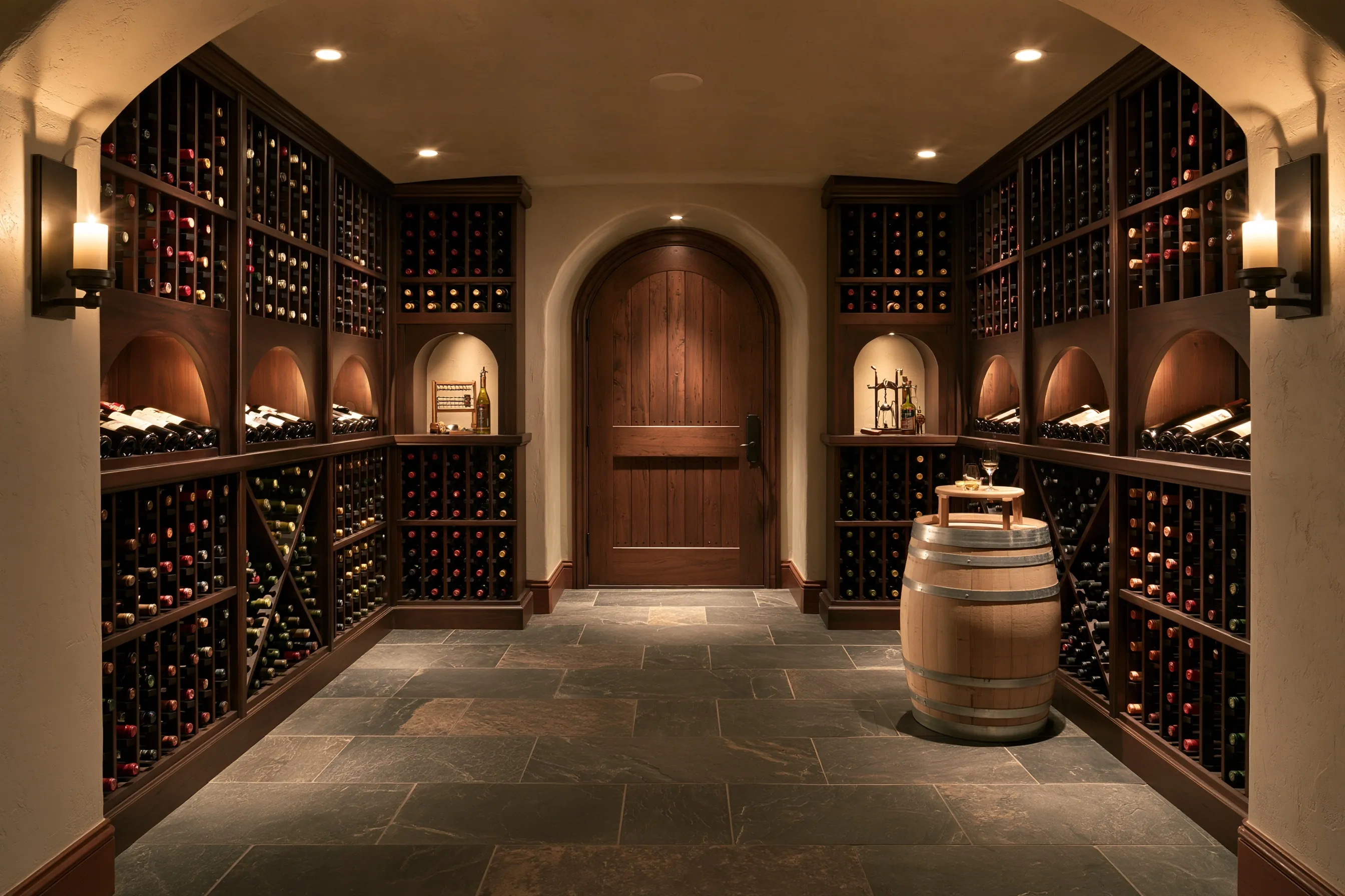 Stone-floored cellar with an arched plank door, dark wood racks with diamond bins and arched niches, wall sconces and an oak barrel