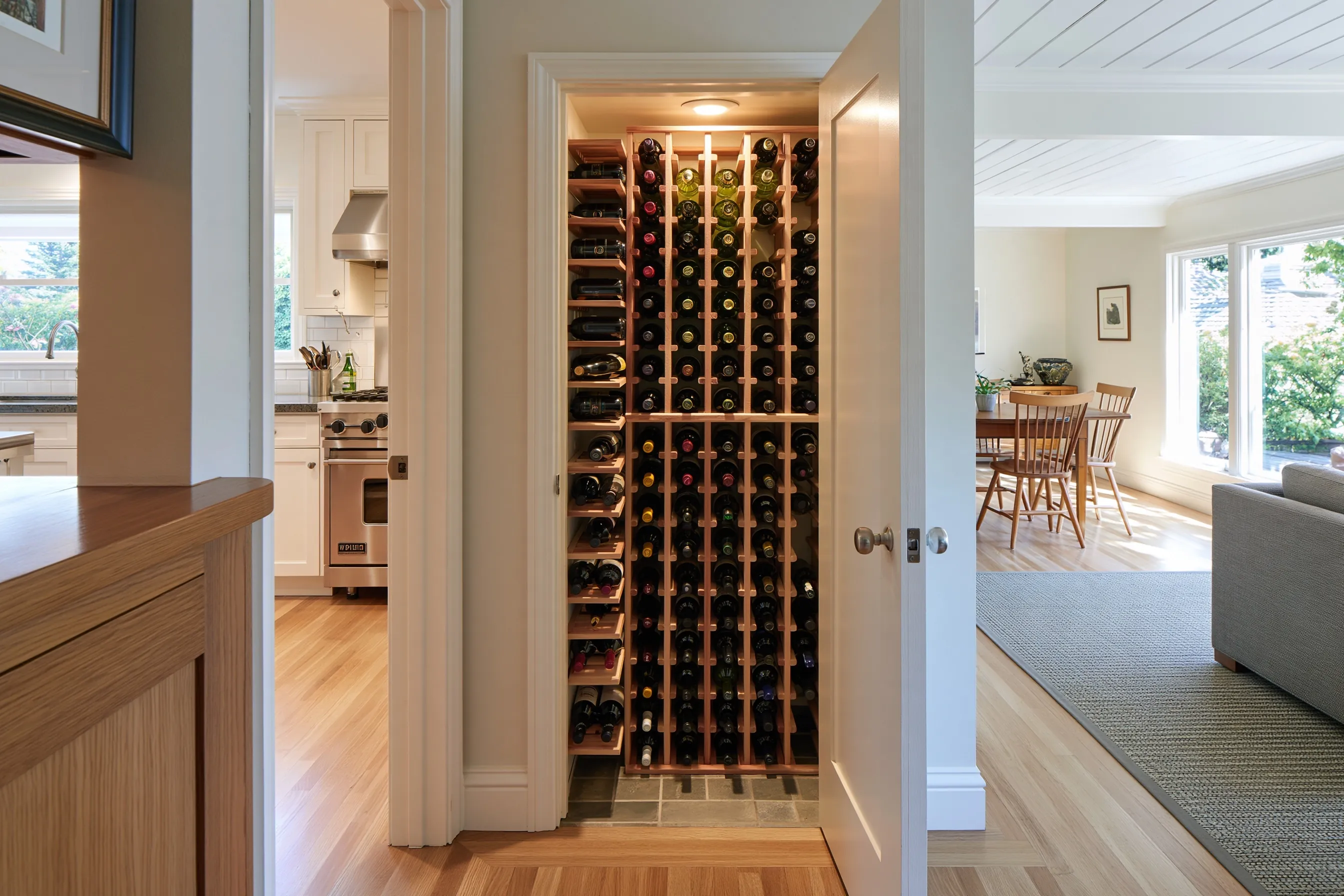 Narrow closet between a kitchen and a dining area, its painted door open on redwood racks filled from floor to ceiling above a slate floor