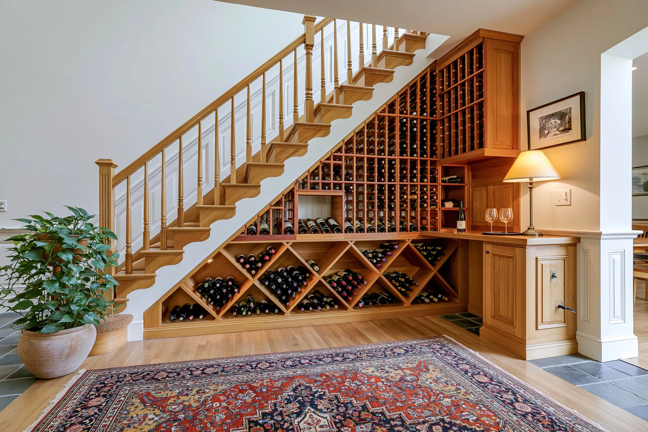 Open oak wine racks stepped under a straight entry stair, with diamond bins along the bottom and a small counter with a lamp at the tall end