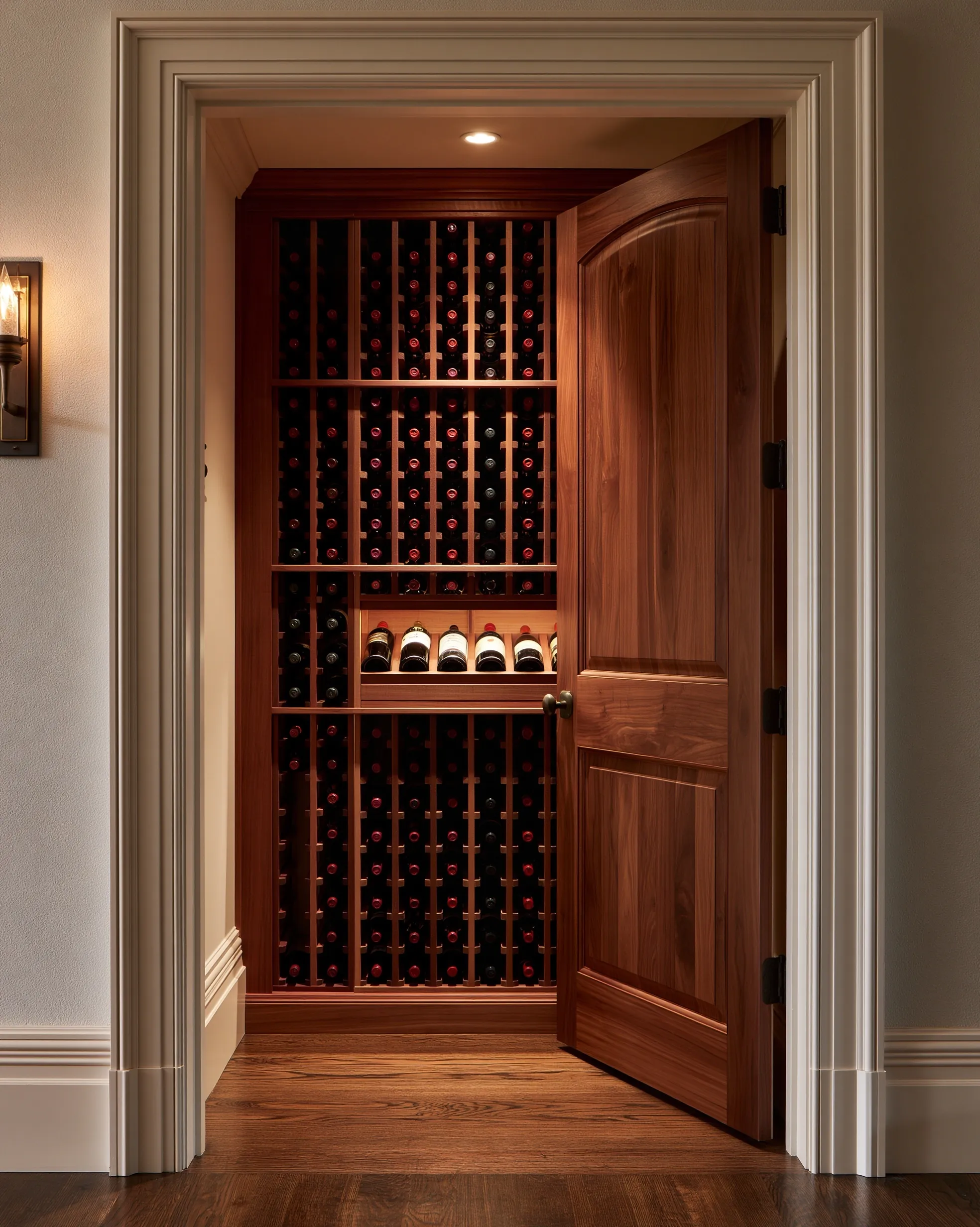 Hallway closet with its wood panel door open on floor-to-ceiling mahogany-toned bottle racks and a shelf of upright display bottles