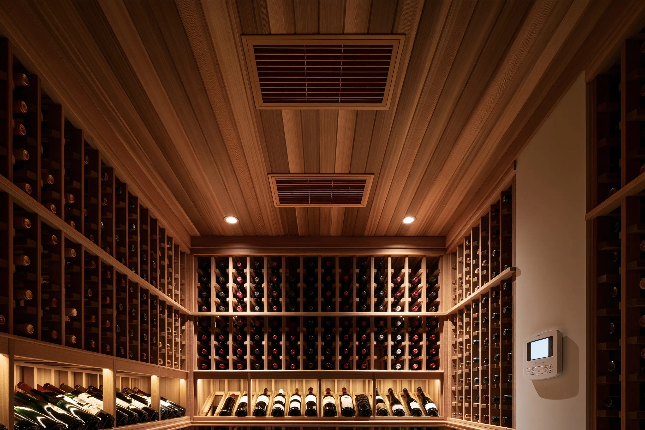 Cellar with a slatted wood ceiling holding two ducted air grilles above wood individual-bottle racking, a digital controller on the wall