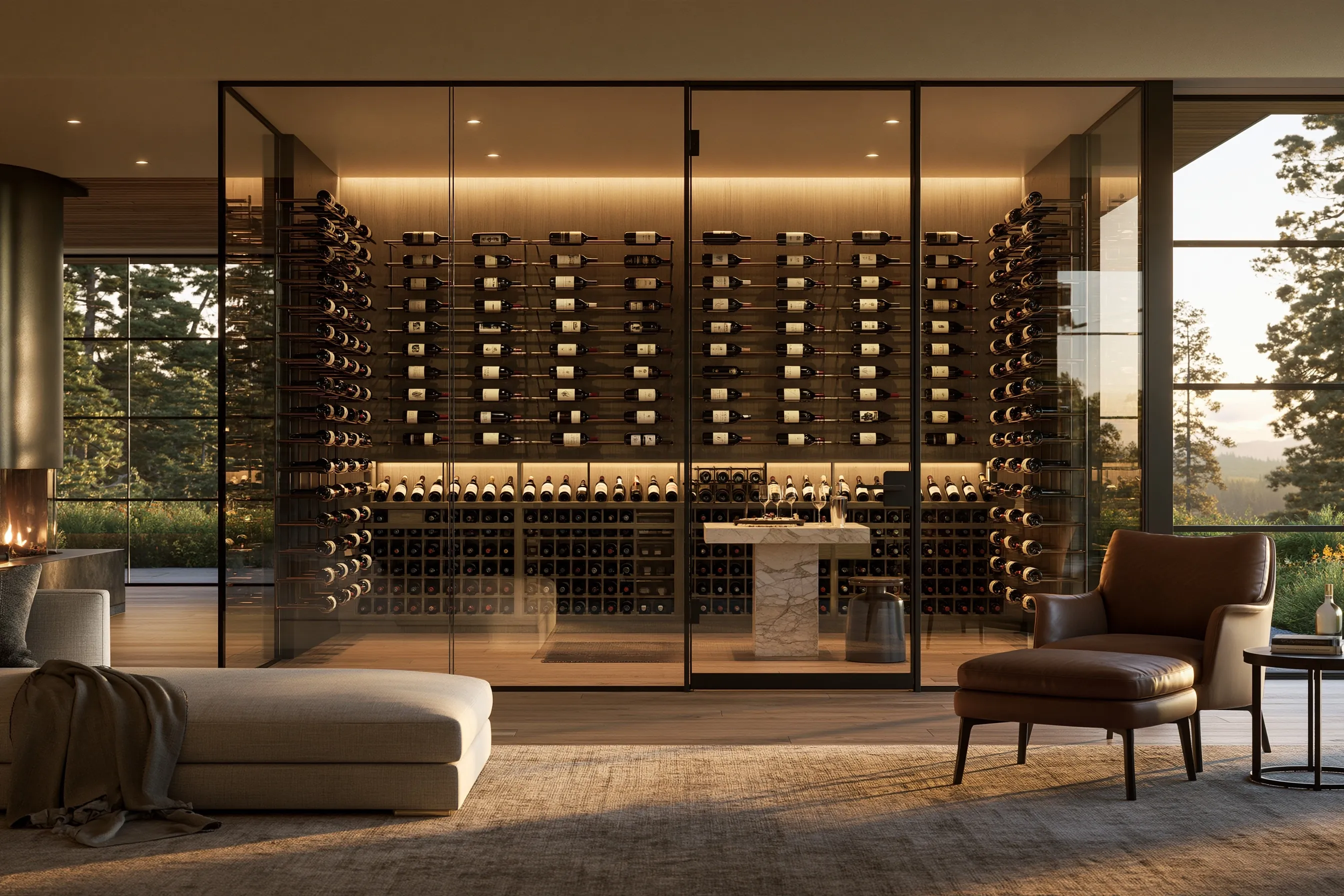 Walk-in wine room with full-height glass walls, bottles on metal rods along three sides and a marble tasting plinth, opening off a living room with a leather armchair