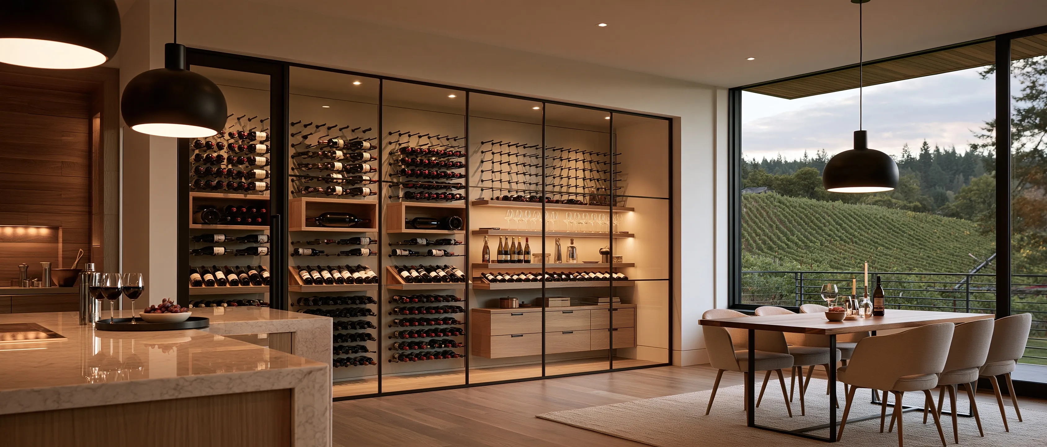 Open kitchen and dining room with a long wine wall behind black-framed glass doors, bottles on metal pegs and oak shelves, and a window onto vineyard rows on a hillside