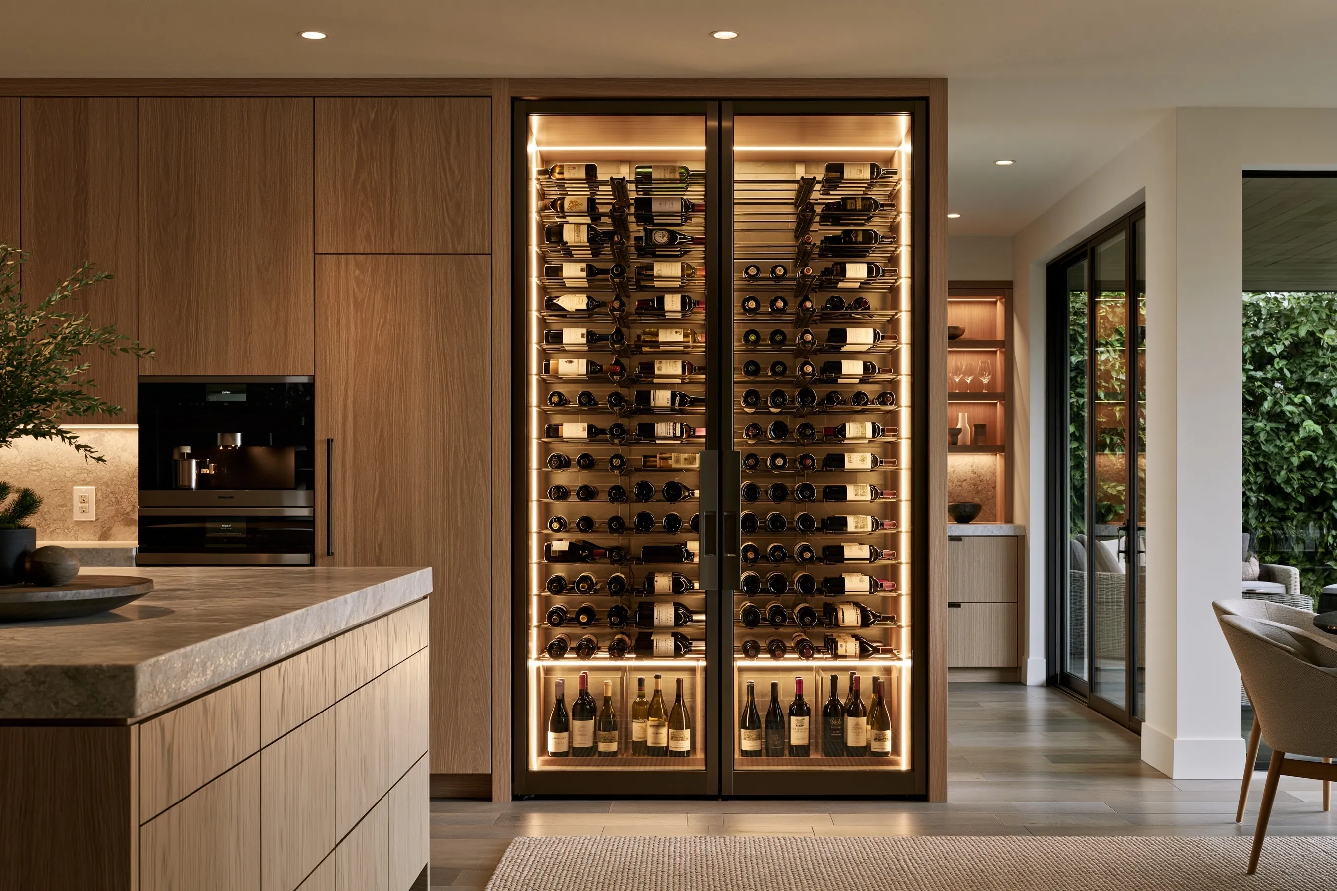 Double glass-door wine column with lit metal racks built into oak kitchen cabinetry beside a built-in espresso machine