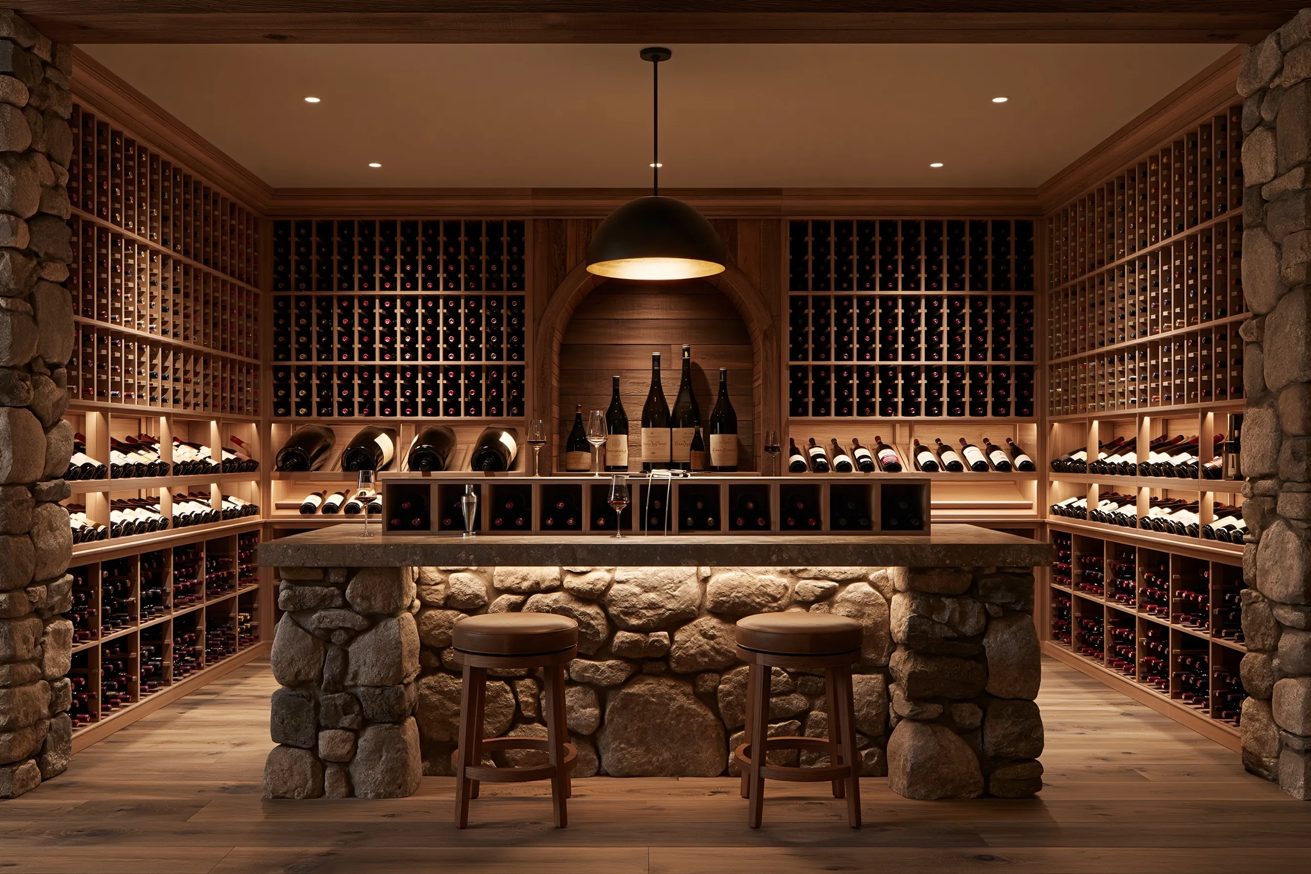 Walk-in cellar with a fieldstone tasting counter and two stools, wood racking on three walls and large-format bottles in an arched niche