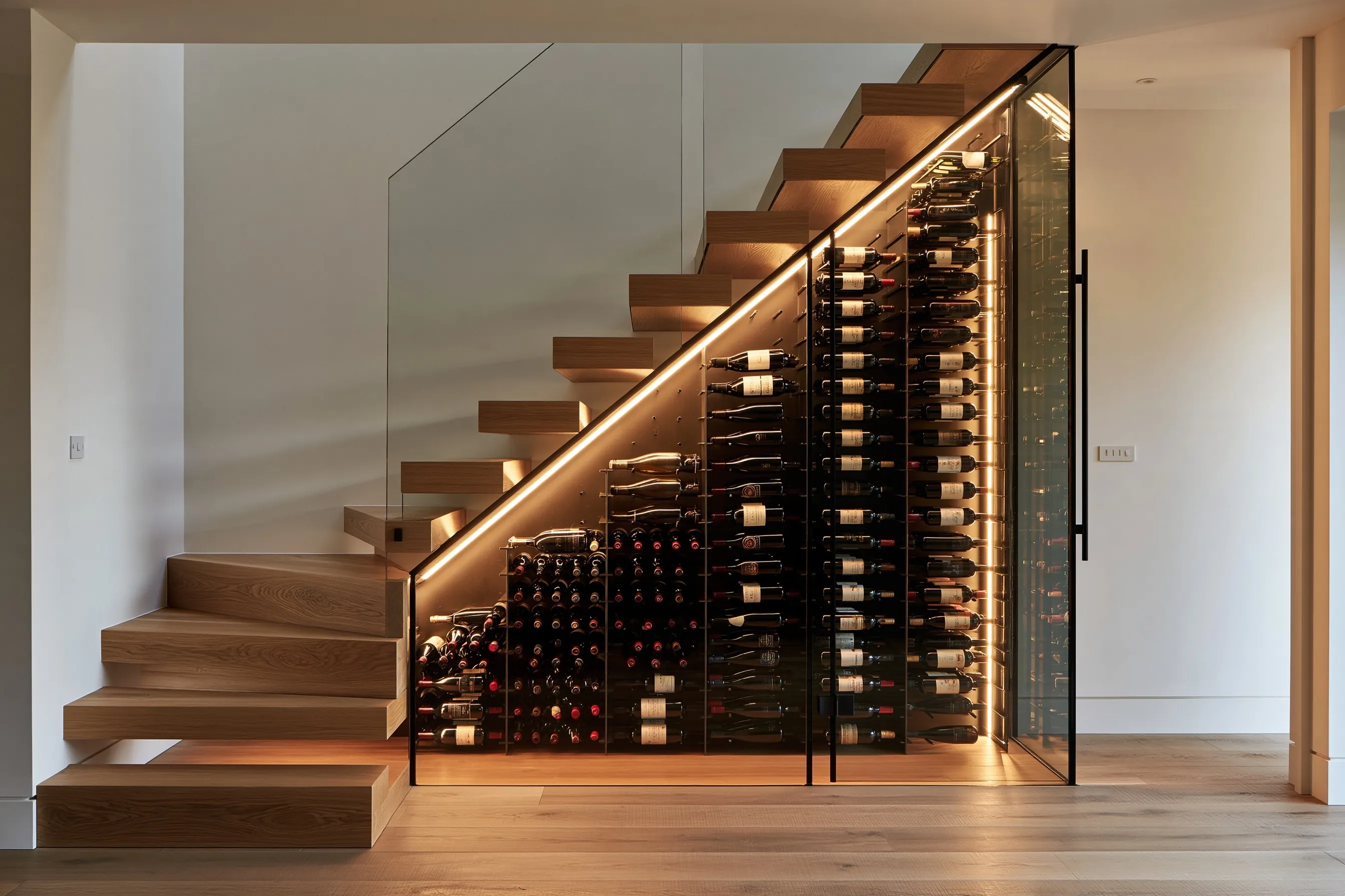 Floating oak staircase with a glass-enclosed wine cellar beneath it, bottles on metal pegs stepping up with the stair slope and an LED strip along the stringer
