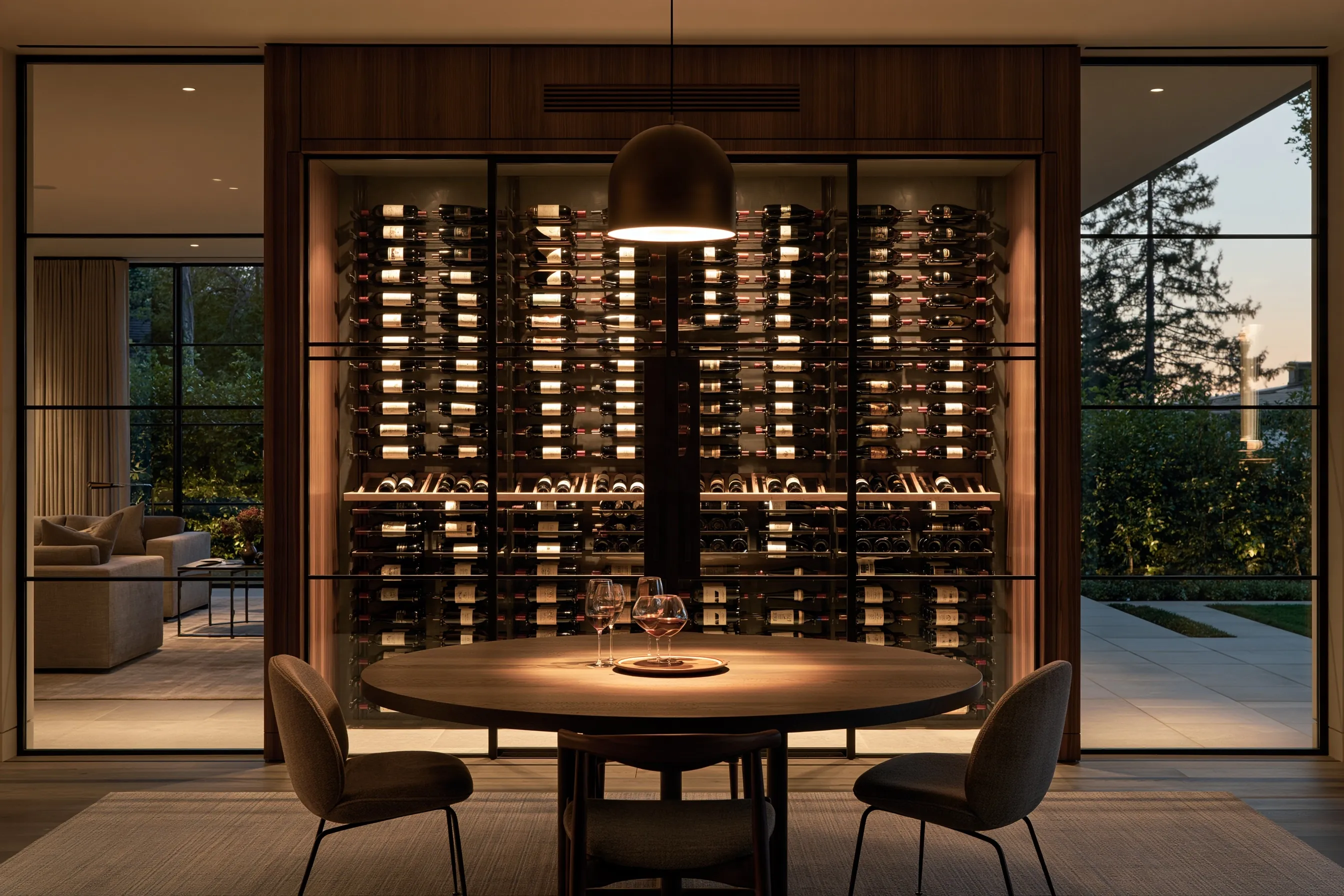 Walnut-framed glass wine wall with metal bottle racks and a slot grille above, behind a round dining table under a pendant light at dusk